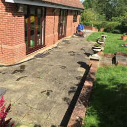 Patio area and red brick wall before cleaning, Copdock, Ipswich, Sufffolk